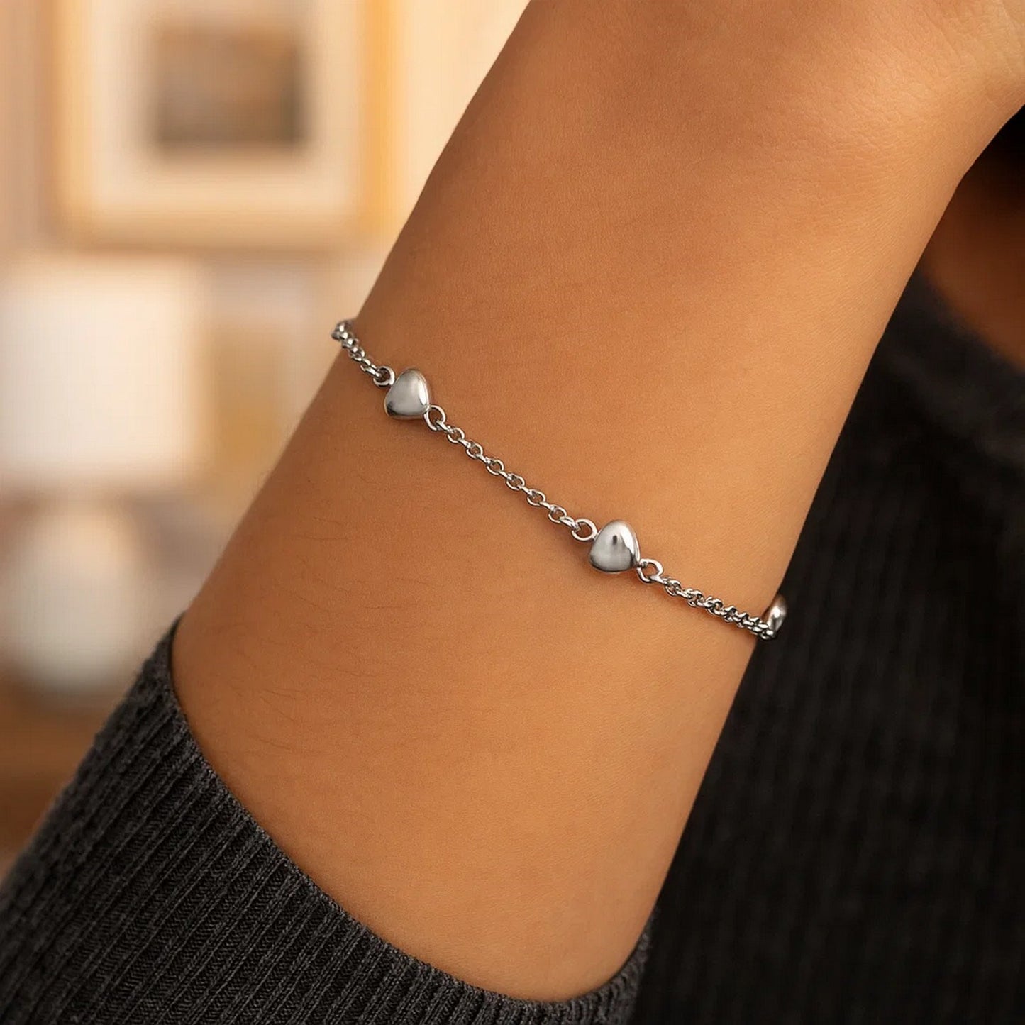 14k White Gold Rolo Chain Bracelet with Puffed Heart Stations (3.30 mm)