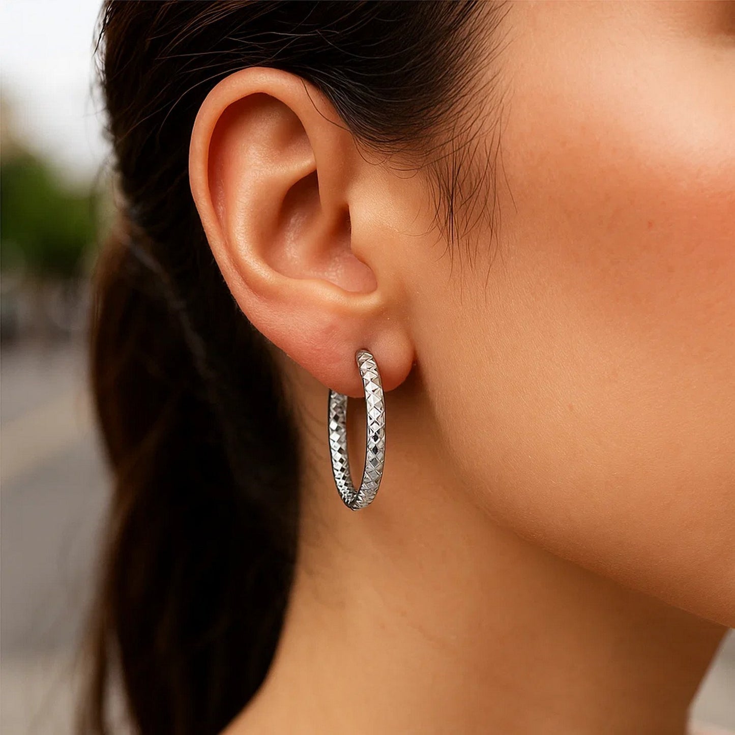 Sterling Silver Faceted Motif Large Hoop Earrings with Rhodium Plating(4x25mm)