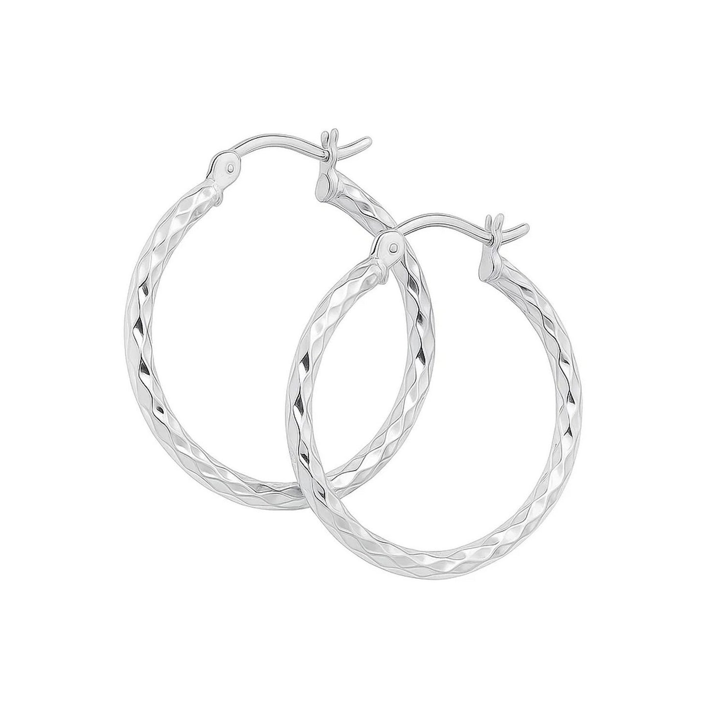 14k White Gold Diamond Cut Hoop Earrings (2x25mm)