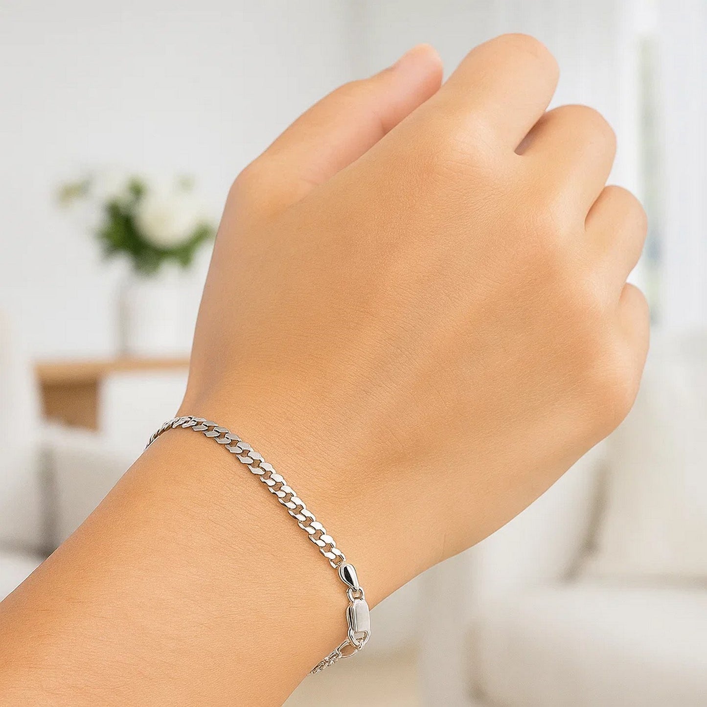 14k White Gold Solid Curb Bracelet (3.60 mm)
