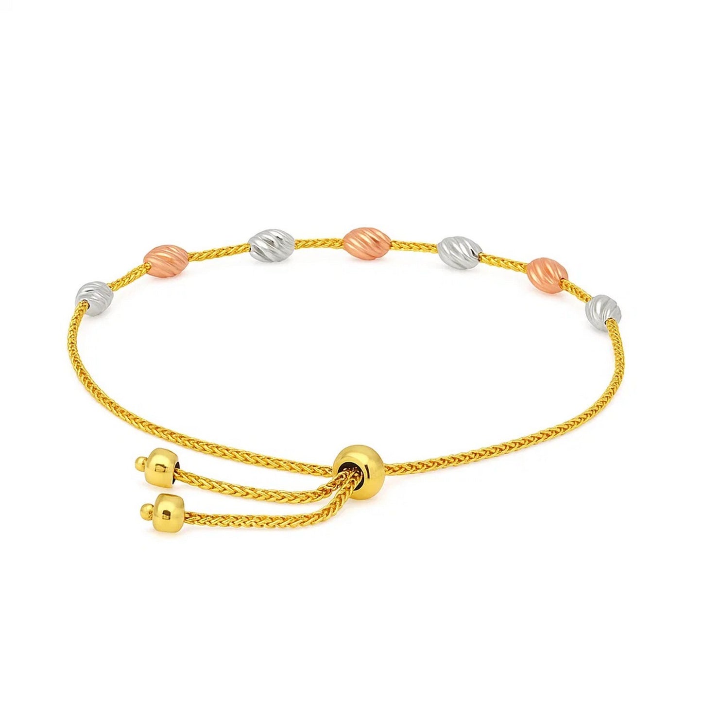 14k Tri-Color Gold Textured Oval Station Lariat Style Bracelet (1.20 mm)