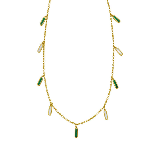 14K Yellow Gold Malachite And MOP Inlay Station Necklace