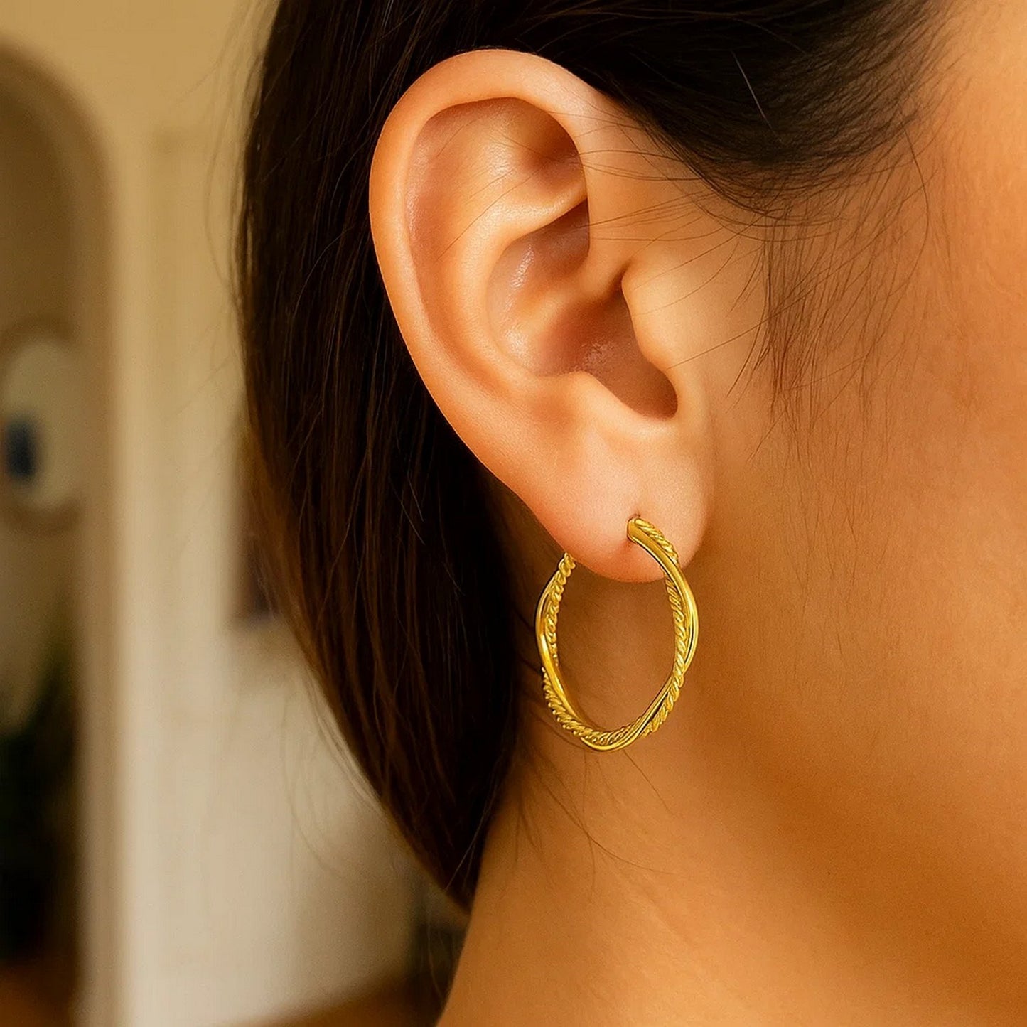 14k Yellow Gold Two Part Textured Twisted Round Hoop Earrings(3x25mm)