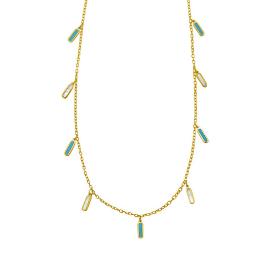 14K Yellow Gold Turquoise And MOP Inlay Station Necklace